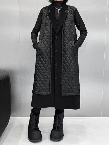 1720320 Loose Sleeveless Buttoned Plaid Pockets Solid Color Split-Joint Notched Collar Outerwear Padded Vest