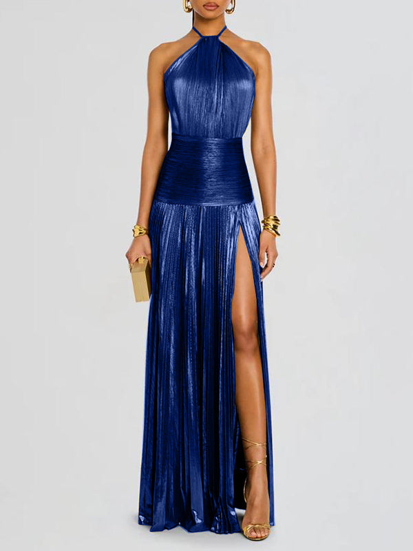 Diepblauwe halter maxi-jurk voor een chique bruiloftslook