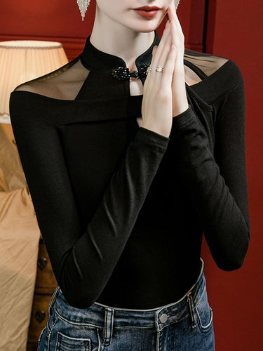 Langhülle Plus Größe hohle Festkörper-Farben Split-Gelenk Mock-Nacken-T-Shirts Tops