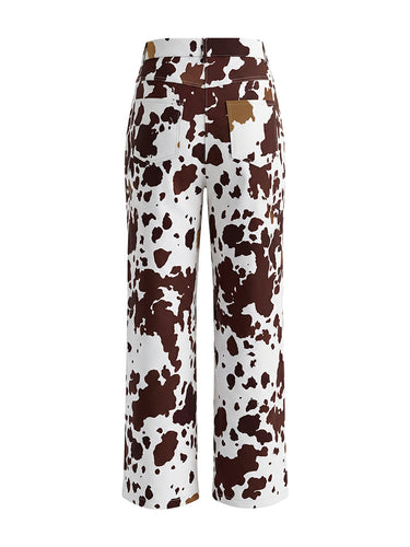 Elasticated Waist High Waisted Contrast Color Cow Printed Split-Joint Pants