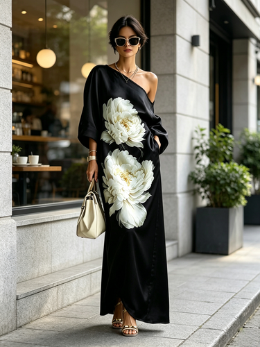 Pockets Flower Print Asymmetric Three-quarter Sleeves Loose One-shoulder Maxi Dresses