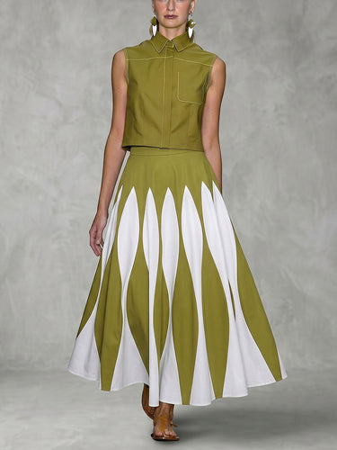 A-Line High Waisted Contrast Color Pleated Printed Skirts Bottoms
