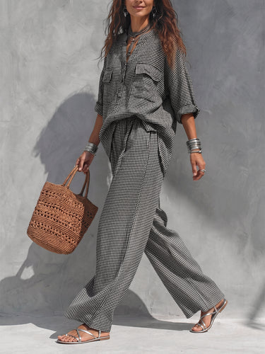 Pockets Plaid Contrast Color Buttoned Three-quarter Sleeves Loose V-neck Blouses&shirts Tops