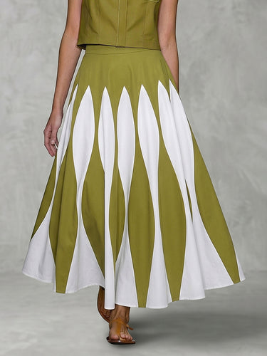 A-Line High Waisted Contrast Color Pleated Printed Skirts Bottoms