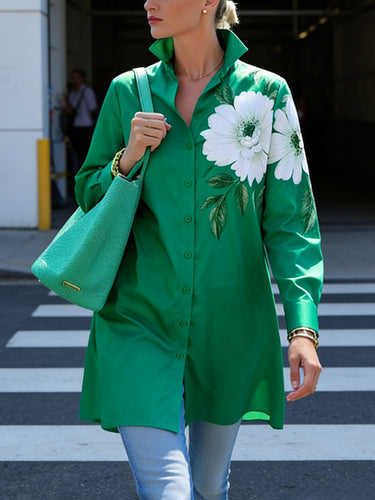 High-Low Long Sleeves Buttoned Flower Print Lapel Blouses&Shirts Tops