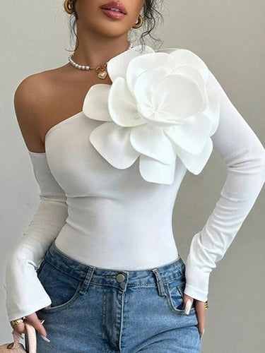 長袖スキニーソリッドカラー三次元の花ワンショルダーTシャツトップス