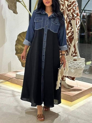 A-Line Long Sleeves Buttoned Pockets Split-Joint Lapel Maxi Dresses