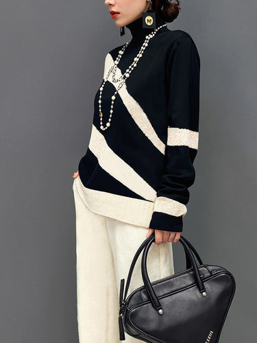 Long Sleeves Loose Contrast Color High Neck Sweater Tops