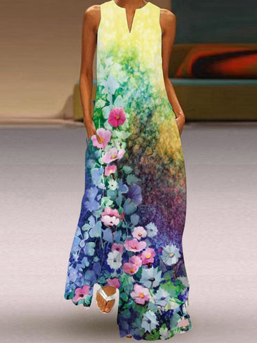 Vestidos maxi de cuello redondo de estampado de flores sueltas