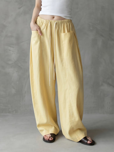 1772682 Loose Wide Leg Drawstring Pockets Solid Color Pants