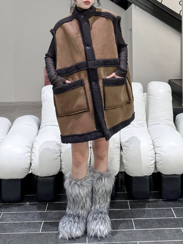 1720717 Loose Sleeveless Buttoned Pockets Split-Joint Stand Collar Vest Outerwear