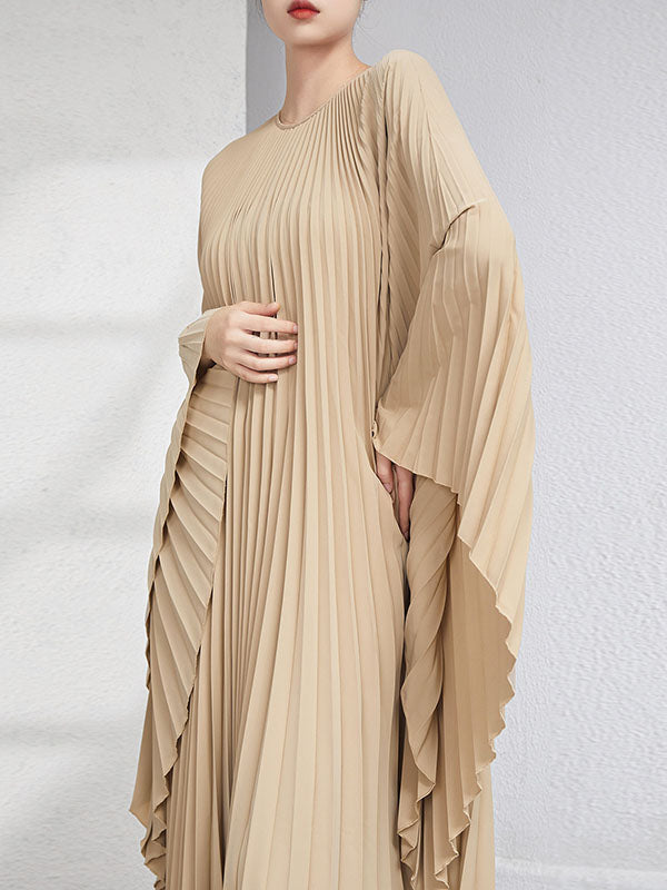 Urban Flared Batwing Sleeves Pleated Solid Color Round-Neck Midi Dresses main image 0