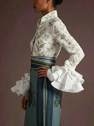 1782509 Long Sleeves Ruffle Sleeves Buttoned Flower Print Lapel Blouses&Shirts Tops
