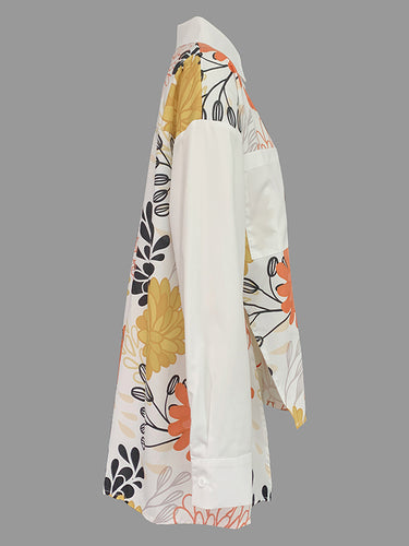 High-Low Long Sleeves Floral Printed Split-Joint Split-Side Lapel Blouses&Shirts Tops