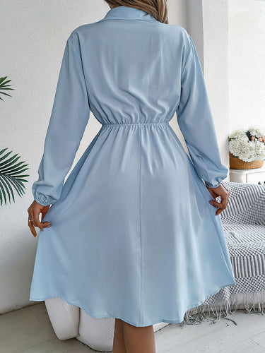 1756183 A-line Long Sleeves Buttoned Pleated Solid Color Tied Lapel Midi Dresses Shirt Dress