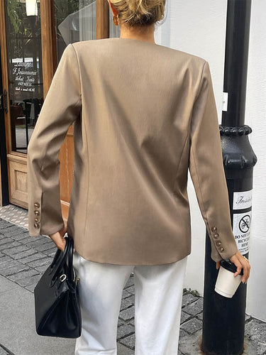 1731508 Long Sleeves Loose Buttoned Solid Color Split-Joint Collarless Blazer Outerwear
