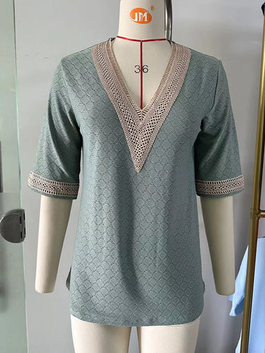 1499180 Loose Short Sleeves Contrast Color Hollow Split-Joint V-Neck T-Shirts Tops