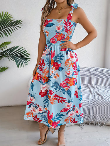 1783875 A-Line Loose Contrast Color Elasticity Flower Print Tied Spaghetti-Neck Midi Dresses