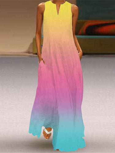 1739005 A-Line Loose Contrast Color Pockets Printed Split-Joint V-Neck Maxi Dresses