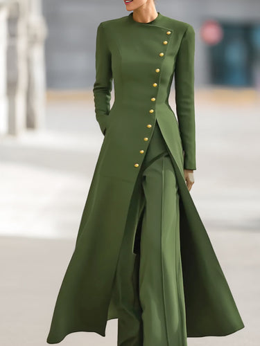 High Waisted Long Sleeves Buttoned Solid Color Split-Front Round-Neck Midi Dresses