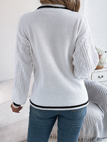 1713185 Long Sleeves Puff Sleeves Cable Knit Contrast Color Split-Joint V-Neck Knit Top Sweater Tops
