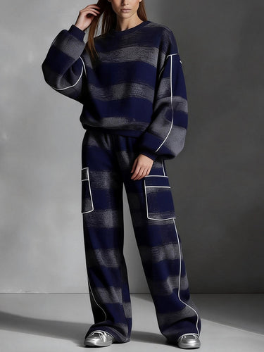Long Sleeves Loose Contrast Color Line Split-Joint Striped Round-Neck Sweatershirt