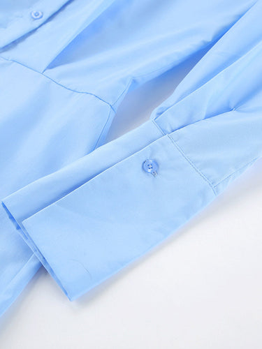 1742197 Long Sleeves Loose Buttoned Solid Color Split-Joint Twist Lapel Mini Dresses Shirt Dress