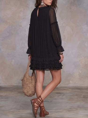 1785909 A-Line Long Sleeves Layered See-Through Solid Color V-Neck Mini Dresses