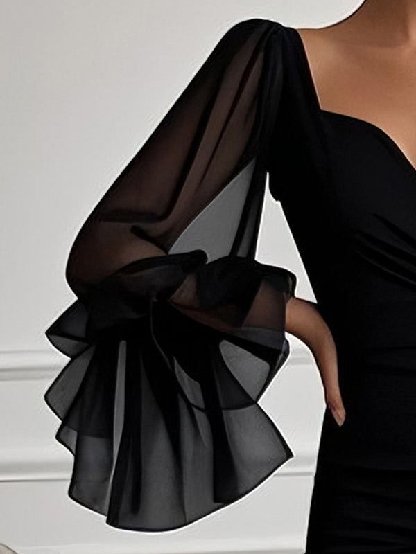 Flared Sleeves Long Sleeves Solid Color Split-side Zipper V-neck Maxi