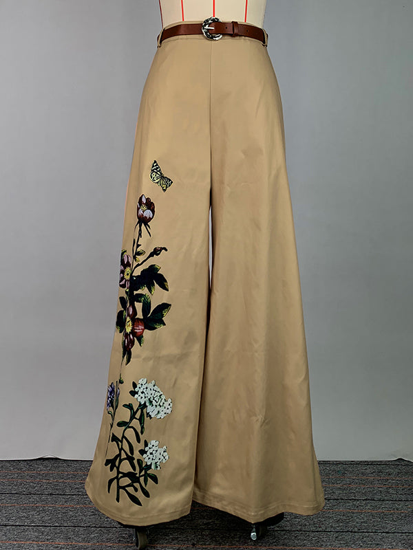 Flower Print High Waisted Loose Trousers Pants