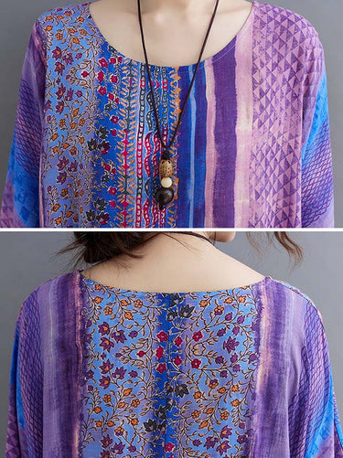 ヴィンテージサイドポケットストライプの花の印刷されたミディドレス