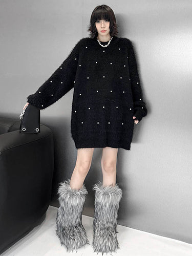 1720183 Long Sleeves Loose Beads Contrast Color Shiny Split-Joint Round-Neck Mini Dresses Sweater Dresses