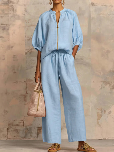 1783209 Half Sleeves Loose Drawstring Elasticity Pockets Solid Color Zipper Round-Neck Blouses&Shirts Tops Pants Trousers Two Pieces Set
