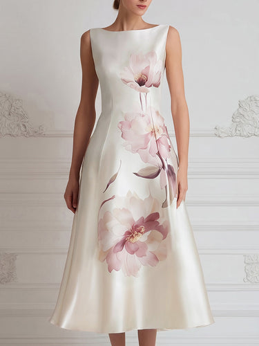 1785872 A-Line High Waisted Flower Print Zipper Round-Neck Midi Dresses