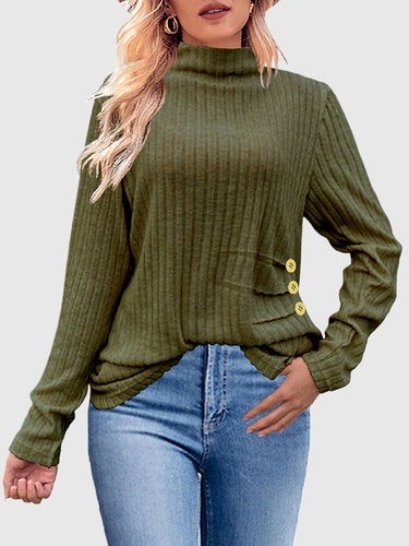 Uzun Kollu Gevşek Düğmeli Pileli Düz Renk Yüksek Boyun T-Shirts Üstler