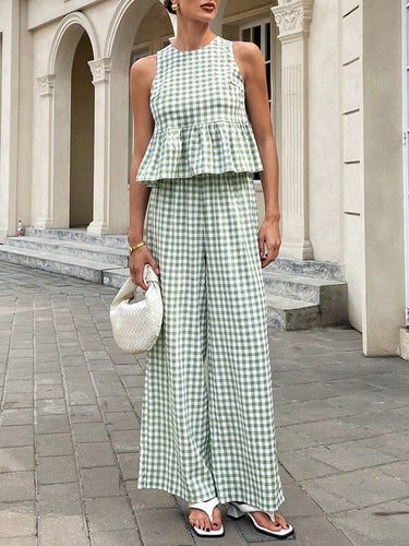 1768645 A-Line Loose Plaid Pleated Split-Joint Round-Neck Vest Top + Pants Bottom Suits