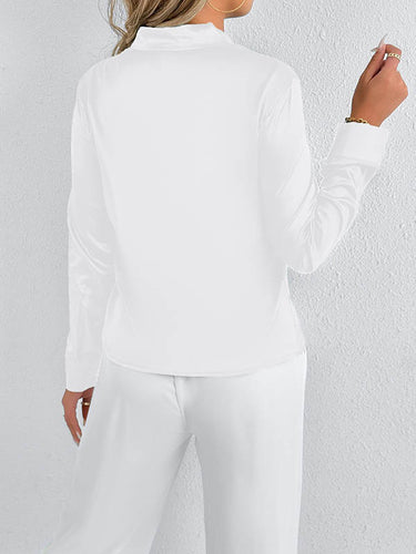 1729002 Long Sleeves Loose Solid Color Split-Joint Streamer Scarf Collar Blouses&Shirts Tops