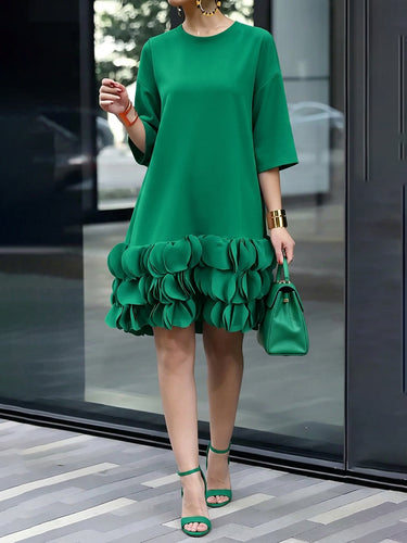 1781629 A-Line Loose Solid Color Split-Joint Three-Dimensional Flower Round-Neck Midi Dresses