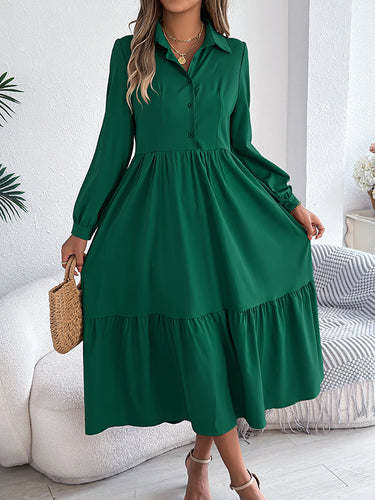 1713661 High Waisted Long Sleeves Pleated Ruffled Solid Color Lapel Midi Dresses Shirt Dress