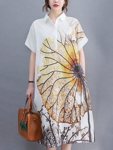 Artistic retro estampado estampado con estampado abotonado collar mangas cortas camiseta midi vestida