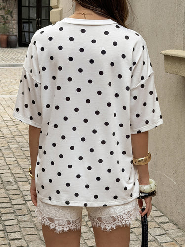 1789436 Polka Dot Short Sleeves Bloomers Round-neck T-Shirts Tops
