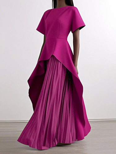 A-Line High Waisted Pleated Solid Color Split-Joint Round-Neck Maxi Dresses