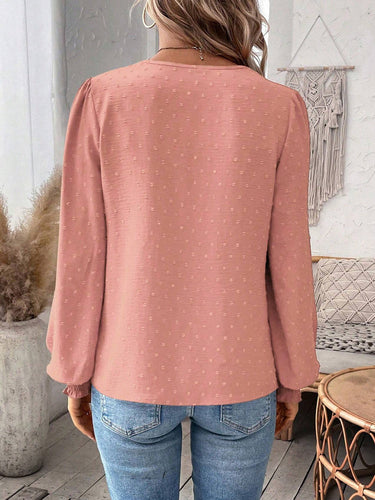 1780427 Balloon Sleeves Long Sleeves Embroidered Hollow Solid Color V-Neck Blouses&Shirts Tops