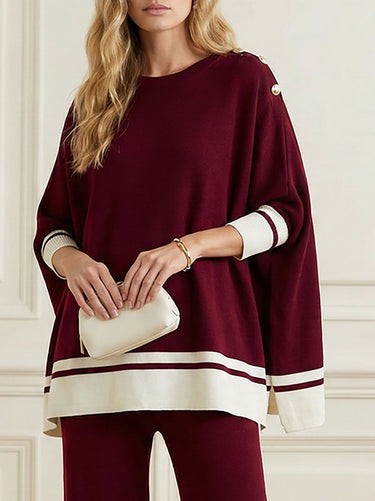 High-Low Long Sleeves Buttoned Split-Side Round-Neck Pullovers Sweater Tops