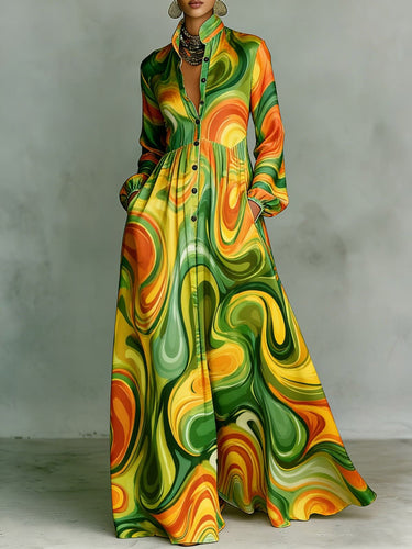 1788971 Printed Pockets Pleated Contrast Color Loose Long Sleeves Stand Collar Maxi Dresses