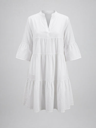 1786703 Flared Sleeves Loose Pleated Solid Color Split-Joint V-Neck Midi Dresses