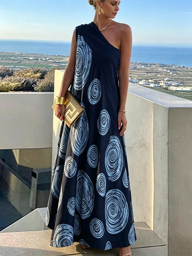 A-Line Loose Contrast Color Pleated Printed Split-Joint One-Shoulder M – Uoozee official