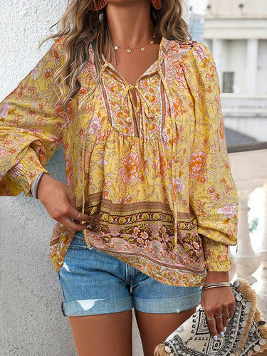 1744086 Long Sleeves Loose Contrast Color Drawstring Flower Print Pleated Split-Joint V-Neck Blouses&Shirts Tops