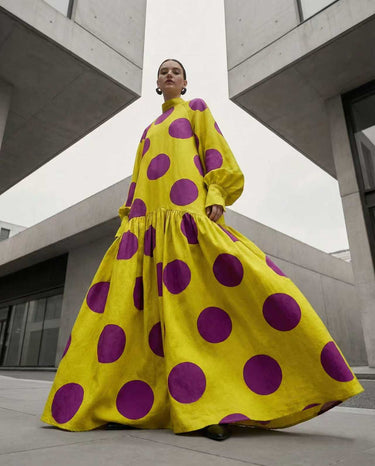 Long Sleeves Loose Big Hemline Contrast Color Pleated Polka Dot Split-Joint Half Turtleneck Maxi Dresses