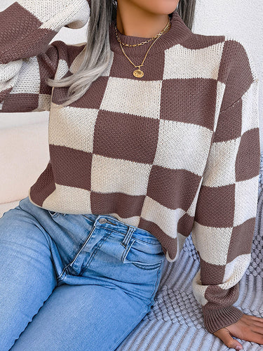1713694 Long Sleeves Loose Contrast Color Plaid Round-Neck Sweater Tops